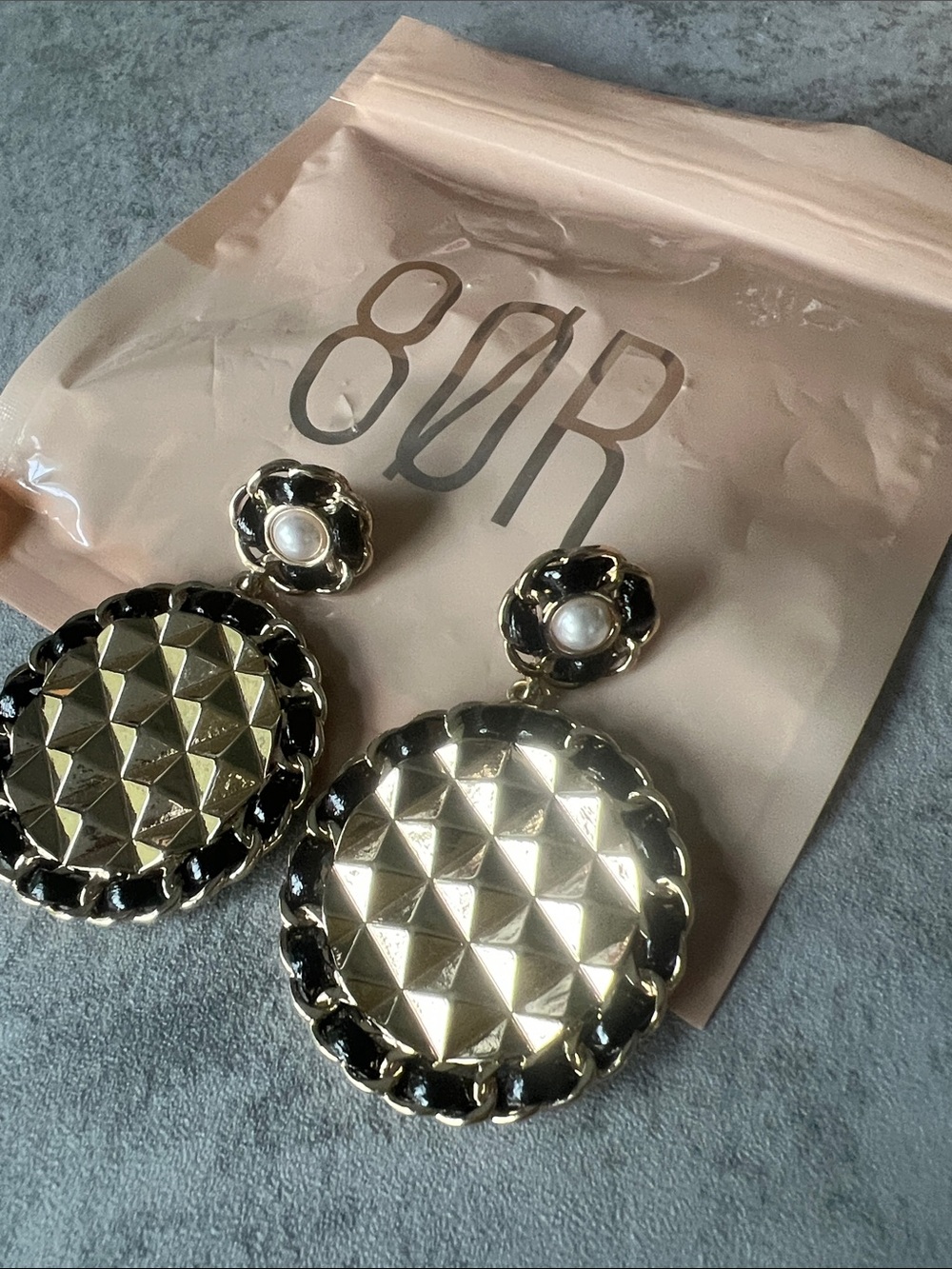 8 Other Reasons Gold and Black Textured Drop Earrings with Pearl Center